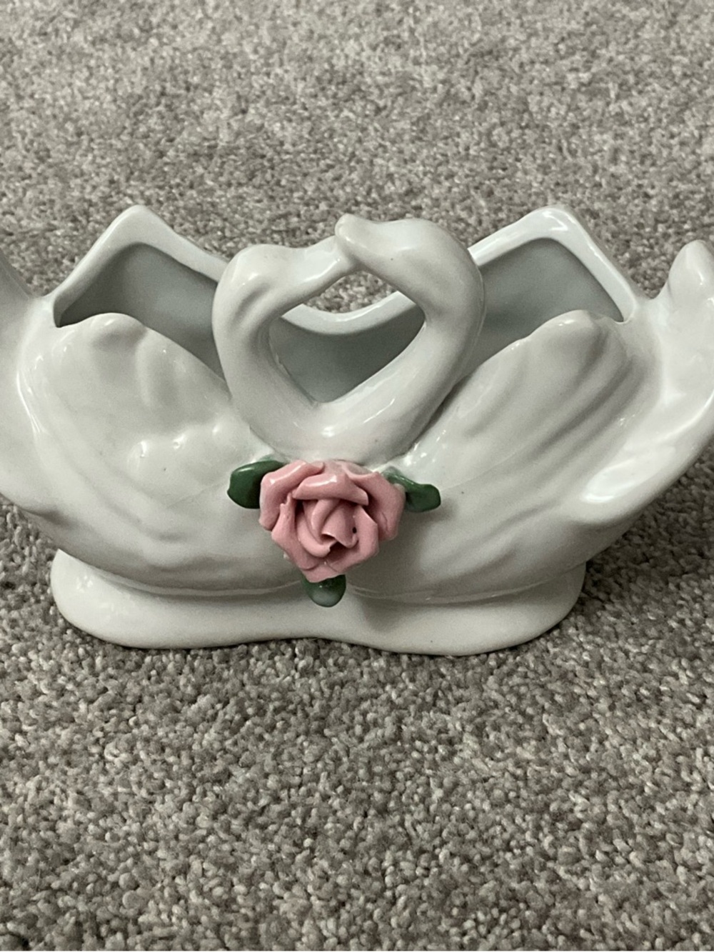 Vintage Ceramic Swan Planter with Pink Rose Accent